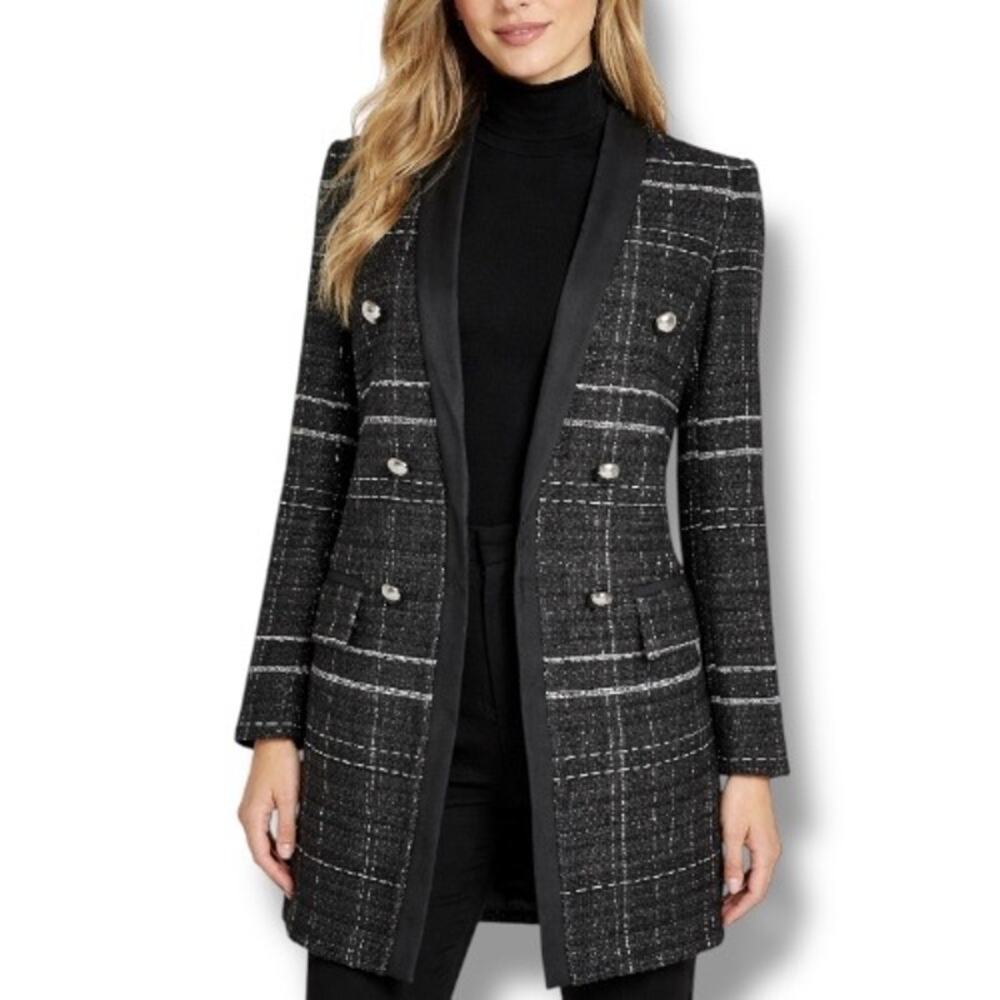 Zara‎ Black Checked Tweed Double Breasted Longline Fitted Blazer XS Preppy Work